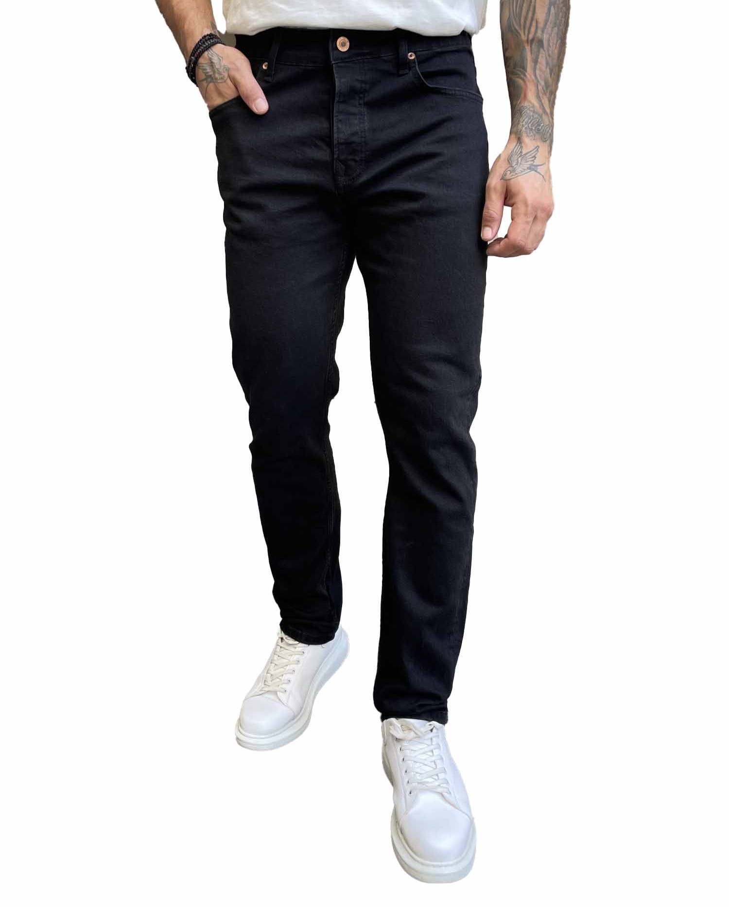 Ανδρικό μαύρο πεντάτσεπο τζιν παντελόνι ίσιο με κουμπιά 3LN2023 φωτογραφία